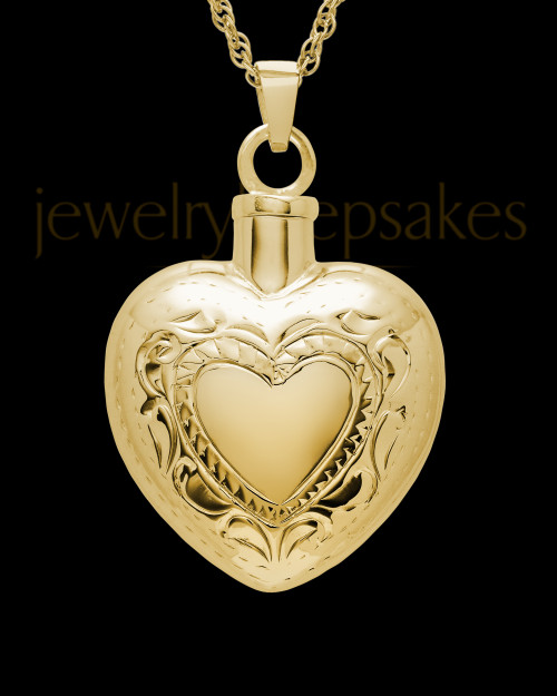 Cremation Remains Jewelry Etched Double 14k Gold Heart