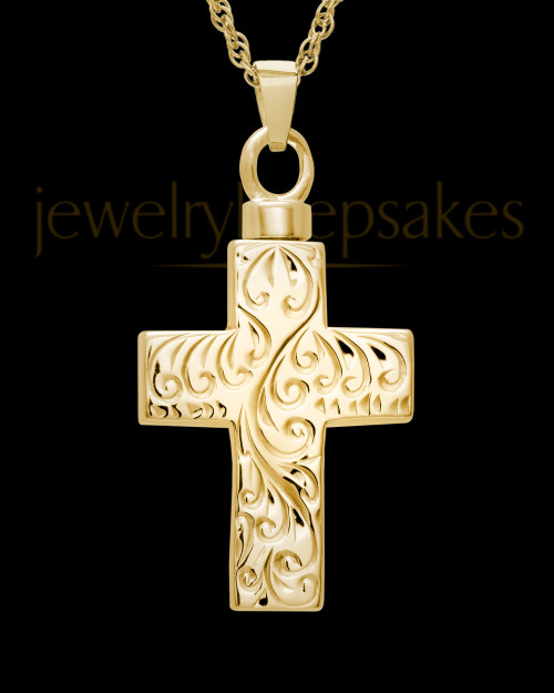 Memorial Pendant Urn Etched Cross - 14k Gold-Large