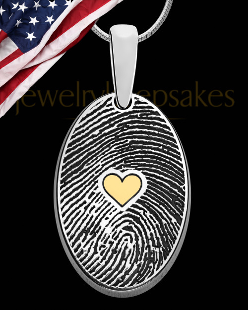 Solid 14k White Gold Heartfelt Oval with Gold Plated Heart Thumbprint Pendant