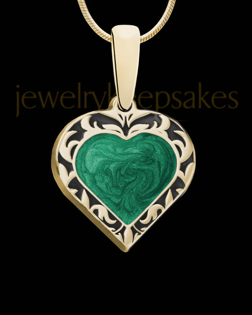 Solid 14K Gold Burning Heart with Olive Ash Jewelry