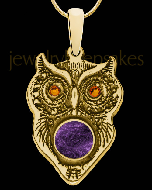 Solid 14K Gold Birthstone Owl with Sangria Ash Jewelry