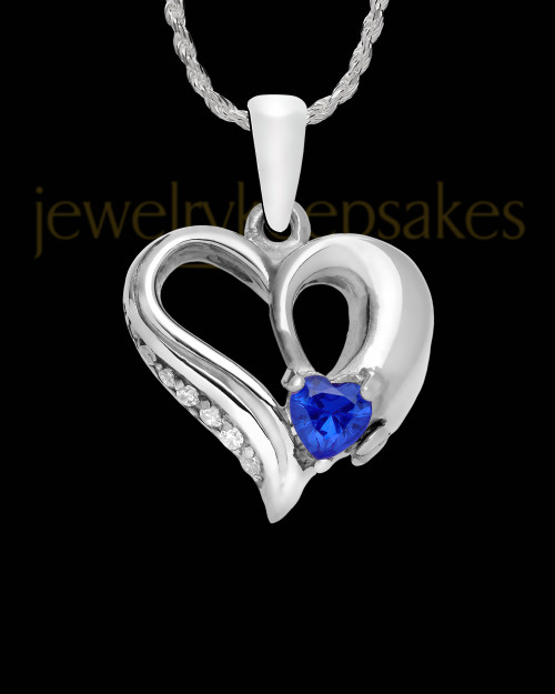 Contoured Sterling Silver Heart With Blue Gem Charm For Ashes