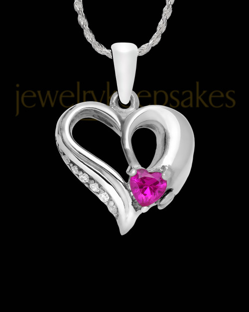 Contoured Sterling Silver Heart With Pink Gem Charm For Ashes
