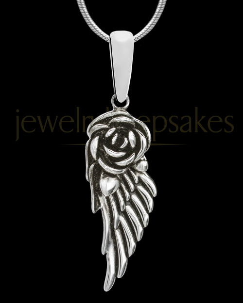 Solid 14K White Gold Flowered Wing Permanently Sealed Waterproof Cremation Pendant