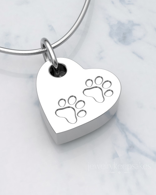 Solid 14k White Gold Heart & Paws Permanently Sealed Waterproof Cremation Pendant