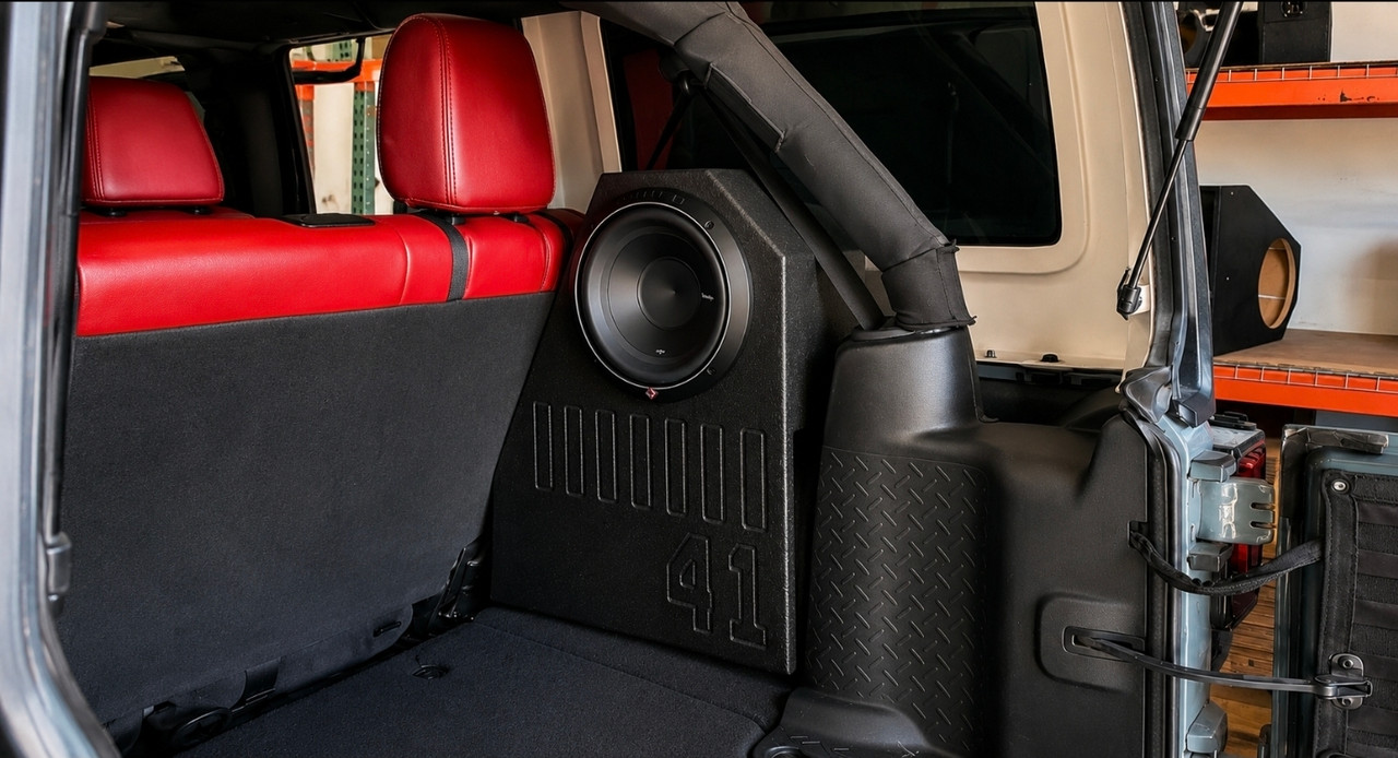 2007-2018 (Passenger Side) Jeep Wrangler JKU 10" Sealed Rhino Coated Subwoofer Box and 500 Watt Rockford Fosgate 10" subwoofer combo.