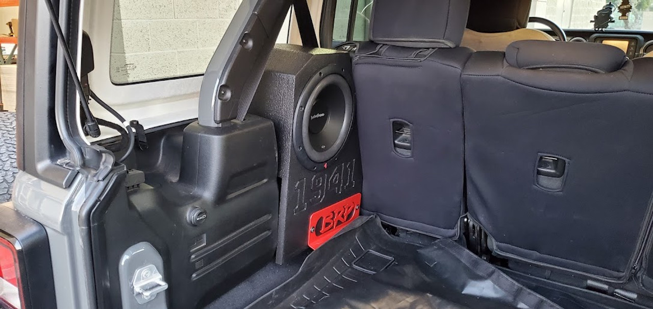 2018- And Newer (Passenger Side) Jeep Wrangler JLU 10" Sealed Rhino Coated Subwoofer Box and 500 Watt Rockford Fosgate 10" subwoofer combo.