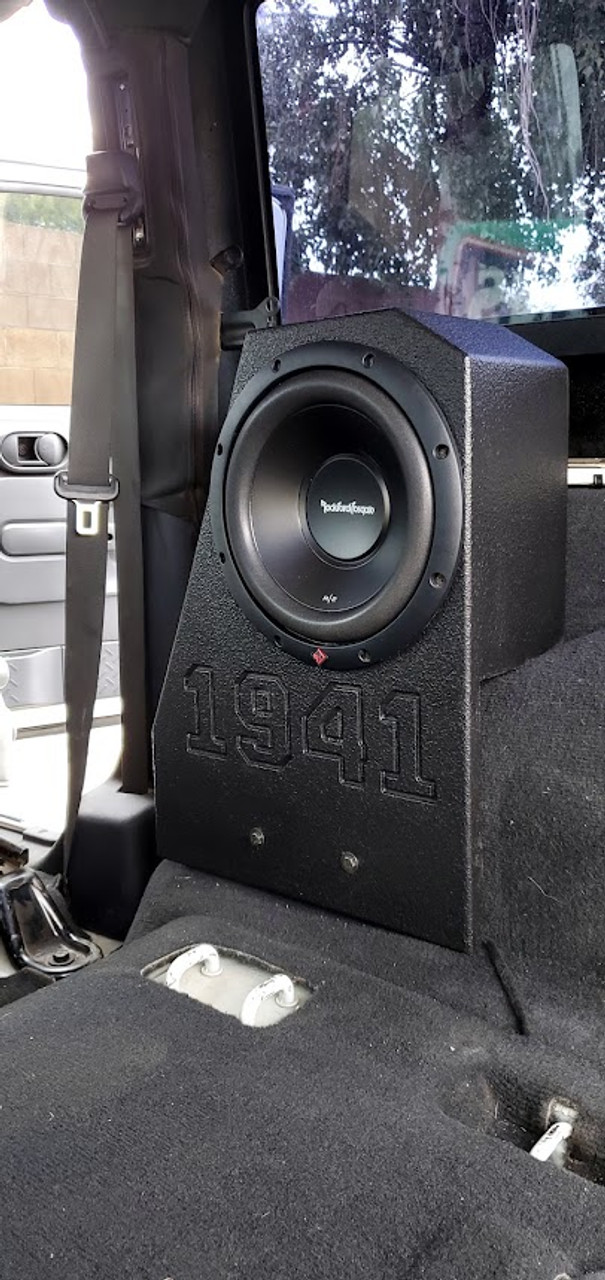 JEEP WRANGLER 2 DOOR SUBWOOFER BOX JL/JK. Has 1 10 inch R2D2 speaker with 2 screws on the side.