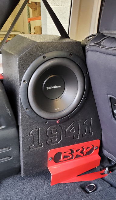 2018- And Newer (Driver Side) Jeep Wrangler JLU 10" Sealed Rhino Coated Subwoofer Box and 500 Watt Rockford Fosgate 10" subwoofer combo.