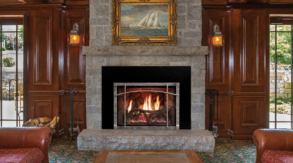 Rushmore Direct-Vent Fireplace Insert with Traditional Charred Log Set and Forged Iron Front with Arch Insert