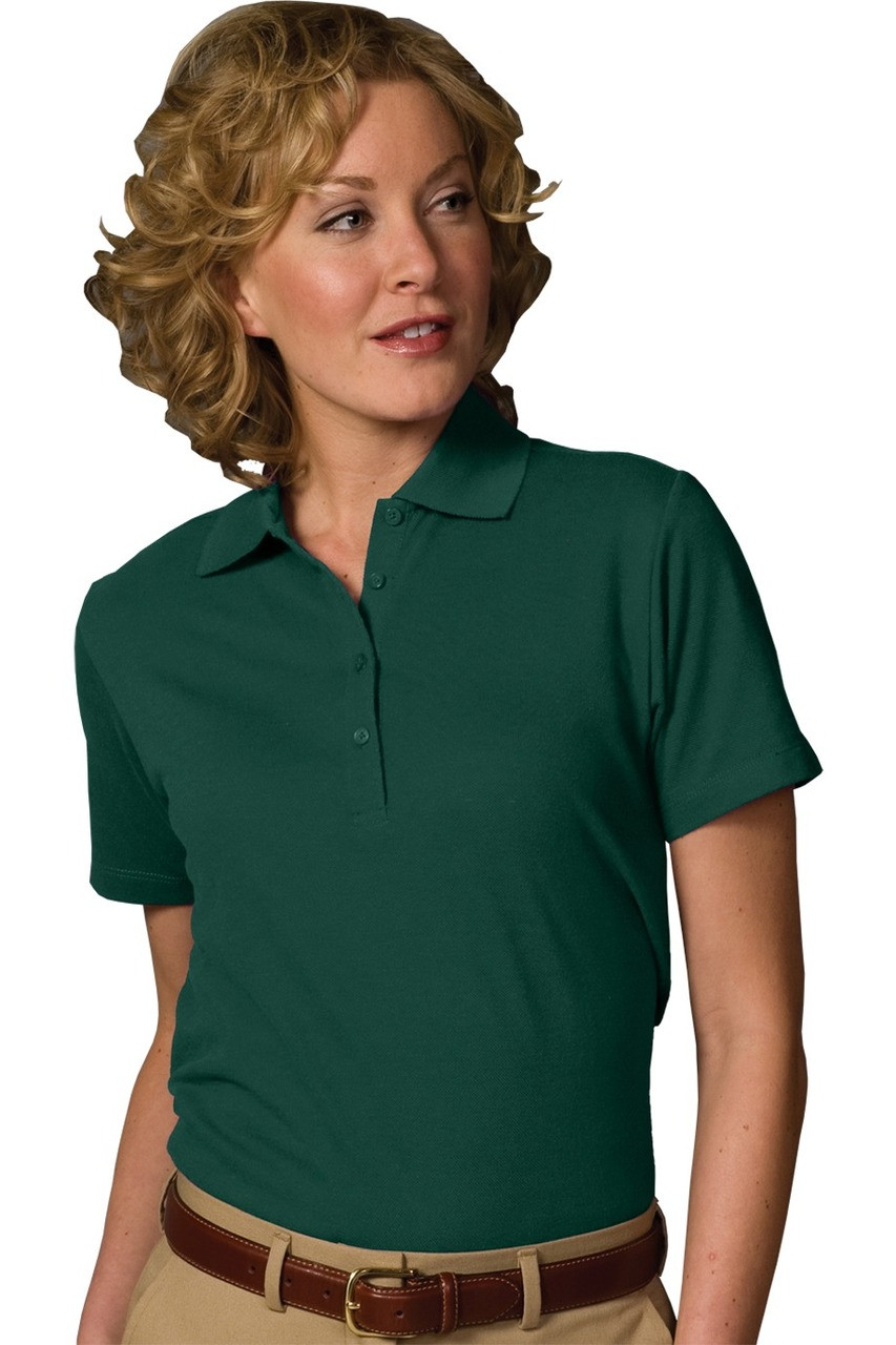 Female cotton poly pique blend short sleeve polo shirt in hunter green