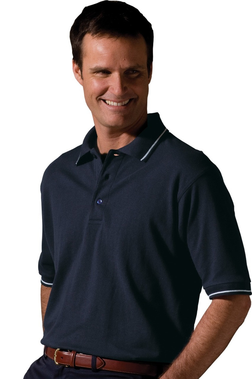 Men's Navy Blue Open Neck Collar Short Sleeve Pique Polo Shirt