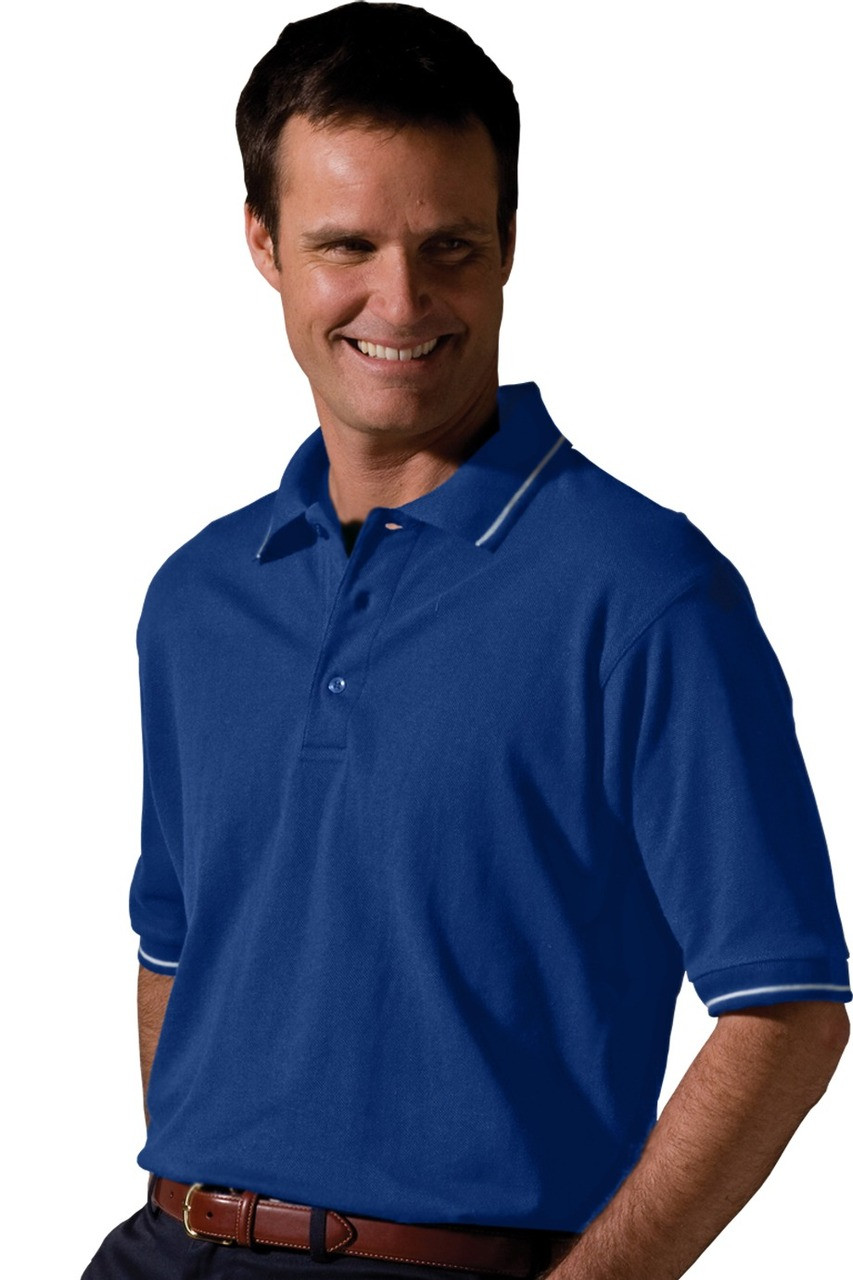 Mens pique cotton/poly blend short shirt white sleeve cuffs in royal with blue and polo tipped collar