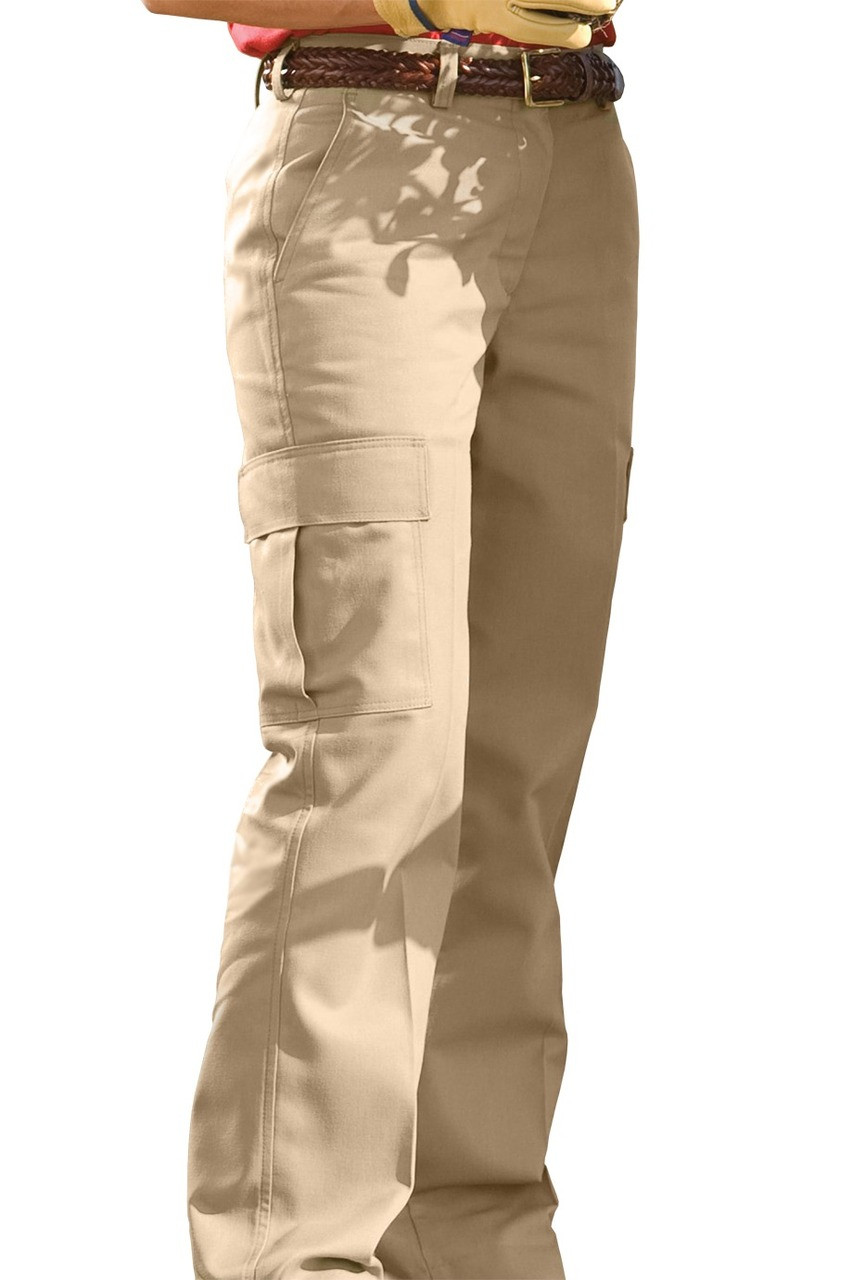 Ladies flat front poly cotton cargo work pants in tan