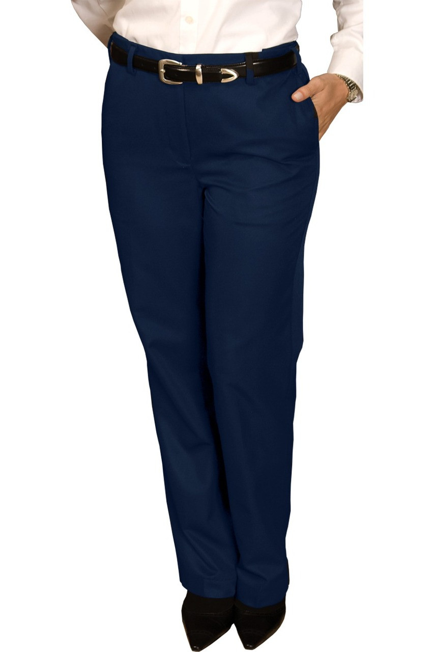 Ladies flat front poly cotton work pants in navy blue