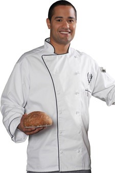 Deluxe White with Black Piping Trim Long Sleeve Chef Coat with 12-Cloth Covered Buttons Available in Unisex Sizes XS-6XL- Item # 750-3308