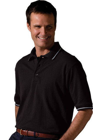 Men's Cotton/Poly Pique Blend Short Sleeve Polo Shirt in Black with White Tipped Collar and Cuffs - Available in Men's Sizes SMALL to  6XL  Item  # 750-1510