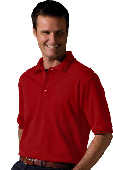 Men's Cotton/Poly Pique Blend Short Sleeve Polo Shirt in Red with Black Tipped Collar and Cuffs - Available in Men's Sizes SMALL to  6XL  Item  # 750-1510