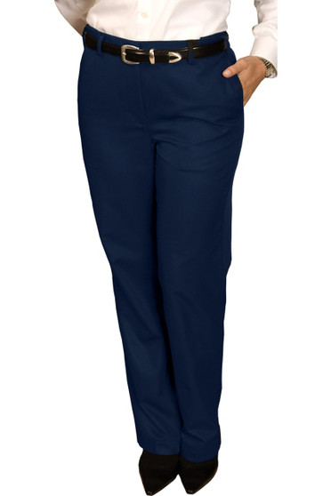 Ladies Flat Front Poly/Cotton Work Pants in Navy Blue - Available in a Full Range of Female Sizes from 0 - 28W - Item # 750-8579