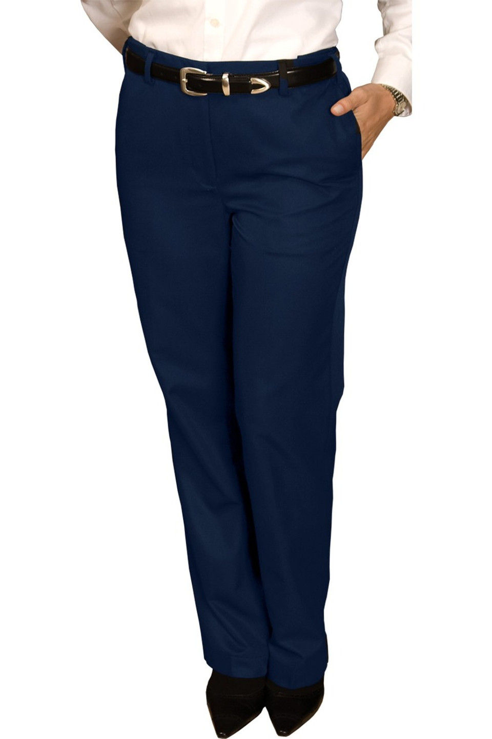 Ladies flat front poly cotton cargo work pants in navy blue