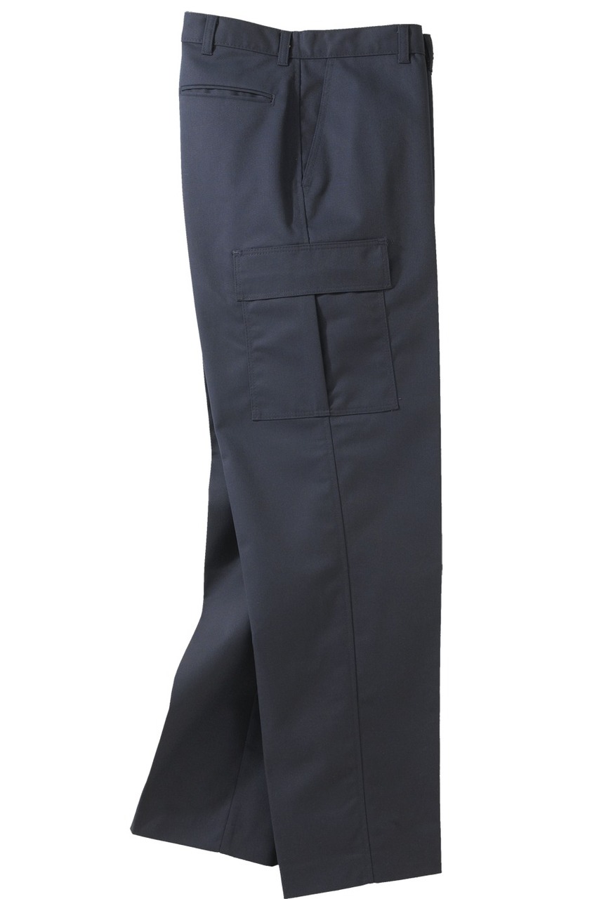 Ladies flat front poly cotton cargo work pants in navy blue