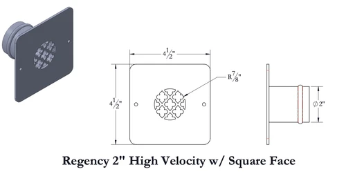 High Velocity Cover - Size: 2" duct opening diameter, Pattern: Regency, Finish: Oil Rubbed Bronze, Face: Square, Mounting Holes: Include Mounting Holes (See submittal PO#33042 RevA)
