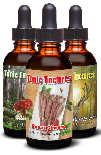 Tonic Tinctures Starter Pack with Deer Antler Velvet, Panax Ginseng, and Reishi Mushroom Bottles Image Version 1