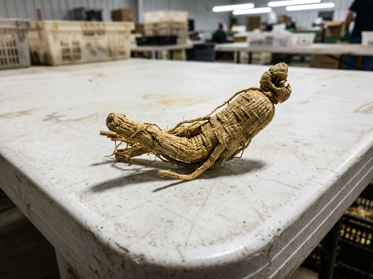 Dried gnarled American ginseng root on metal table