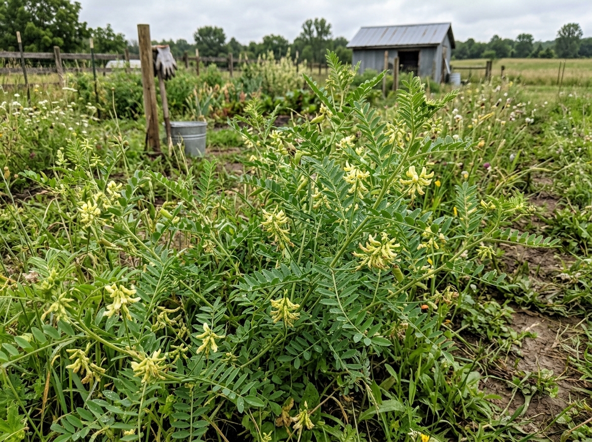 Wild Astragalus plants on a farm