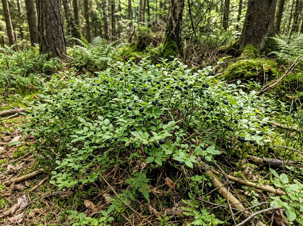 Wild bilberry bush in natural environment