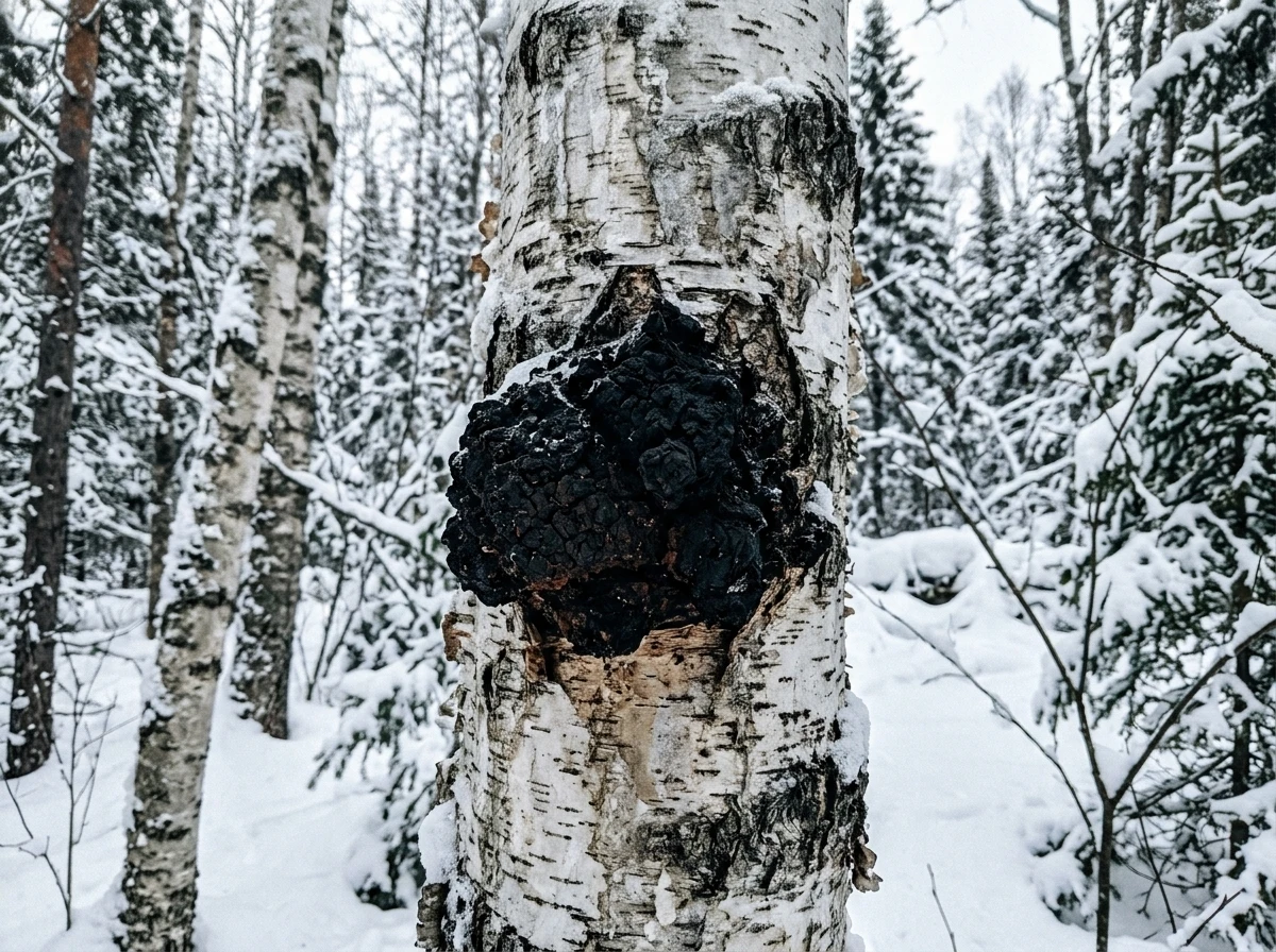 Chaga mushroom growing on birch