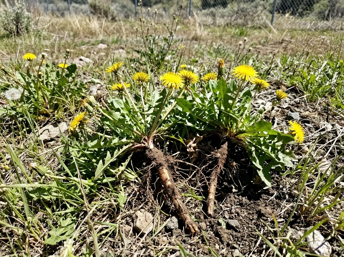 Wild Dandelion plants with exposed roots in natural environment