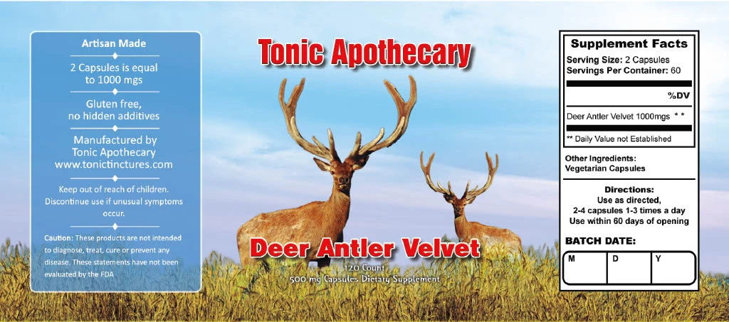 Deer Antler Velvet Capsules 120 Count Supplement Facts Label