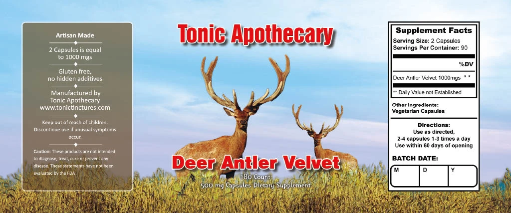 Deer Antler Velvet Capsules 180 Count Supplement Facts Label
