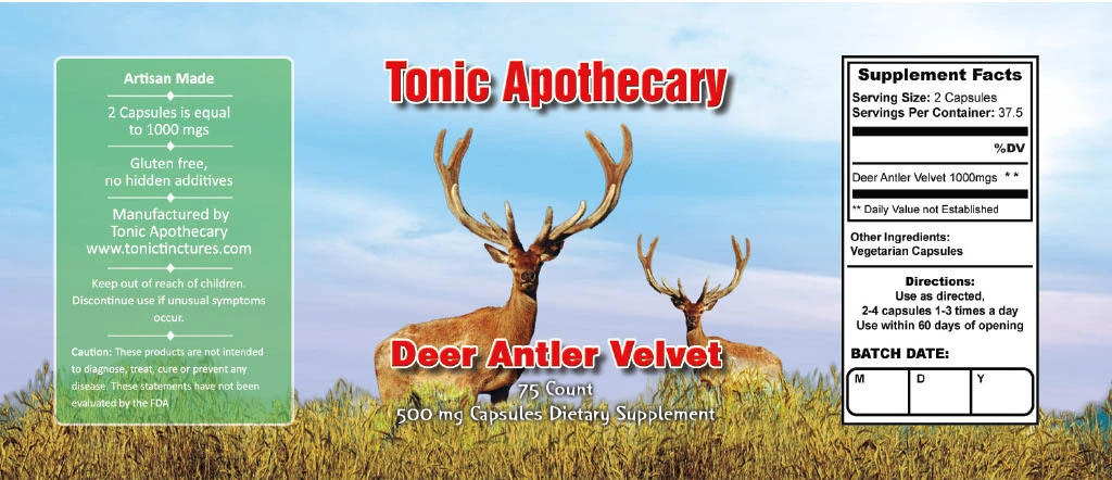 Deer Antler Velvet Capsules 75 Count Supplement Facts Label