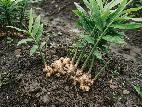 Farm harvested ginger plants in soil