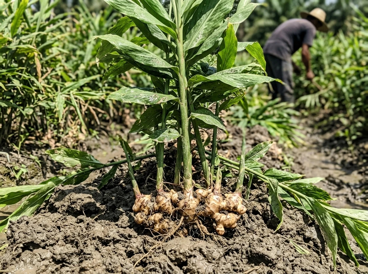 Ginger root plant growing in tropical muddy farm soil
