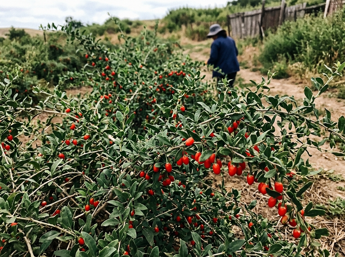 Vibrant goji berry bushes on a farm