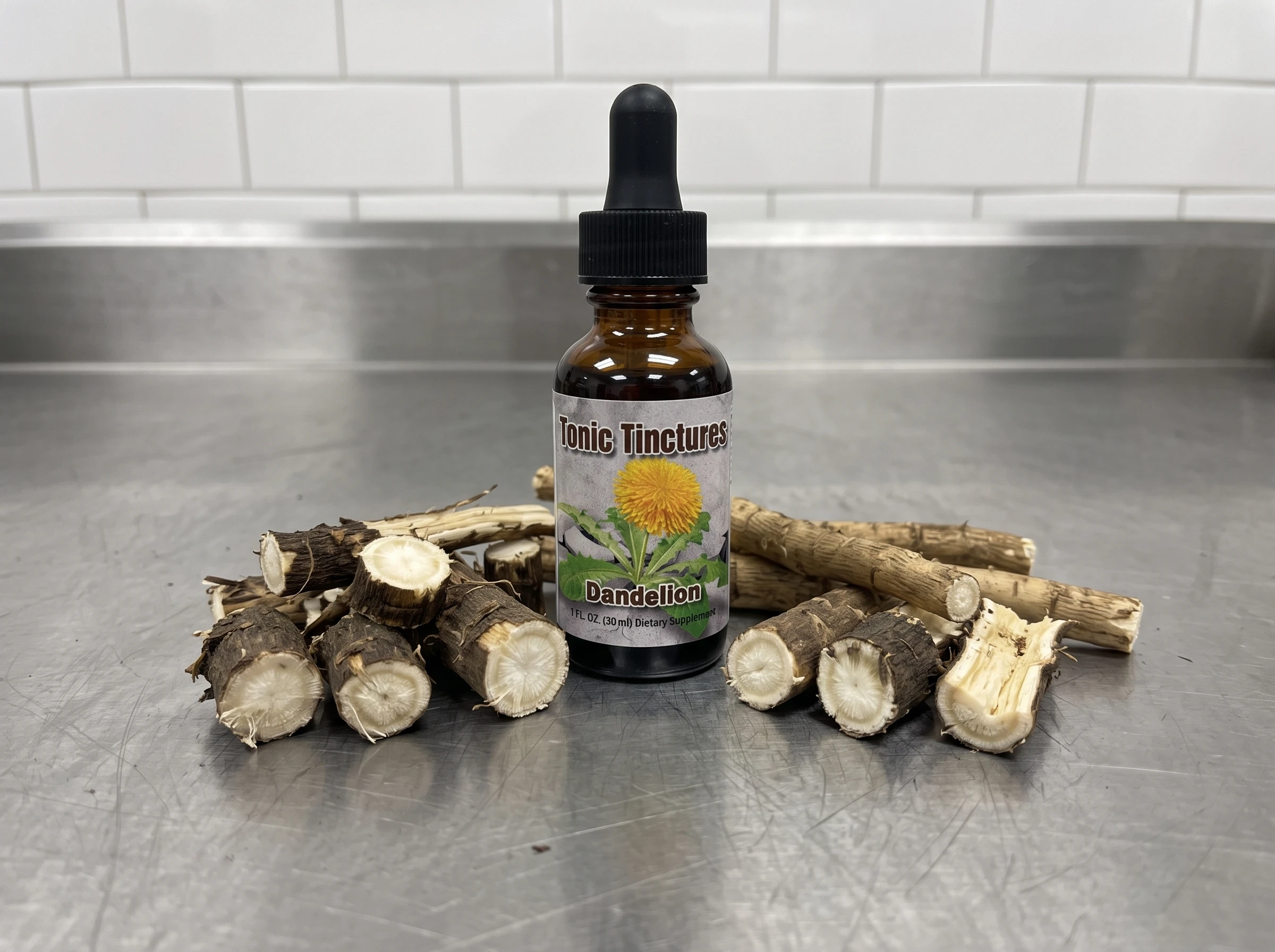 Chopped raw Dandelion roots surrounding an amber tincture bottle