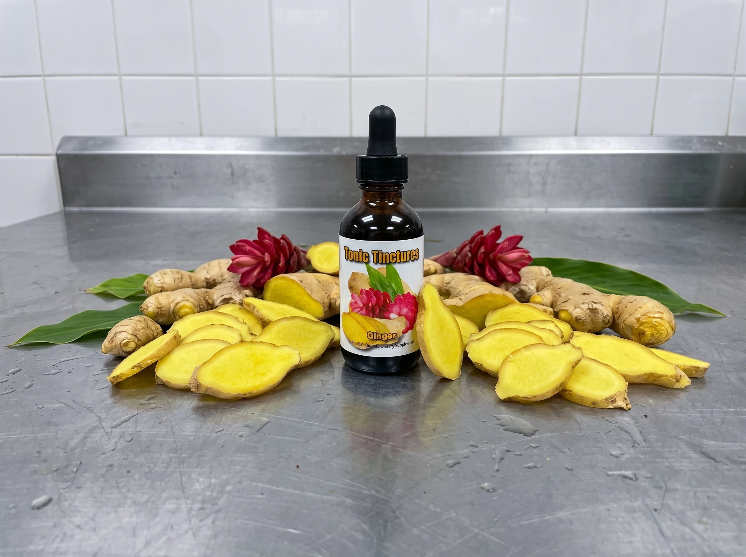 Raw ginger roots arranged casually around a dark amber tincture bottle