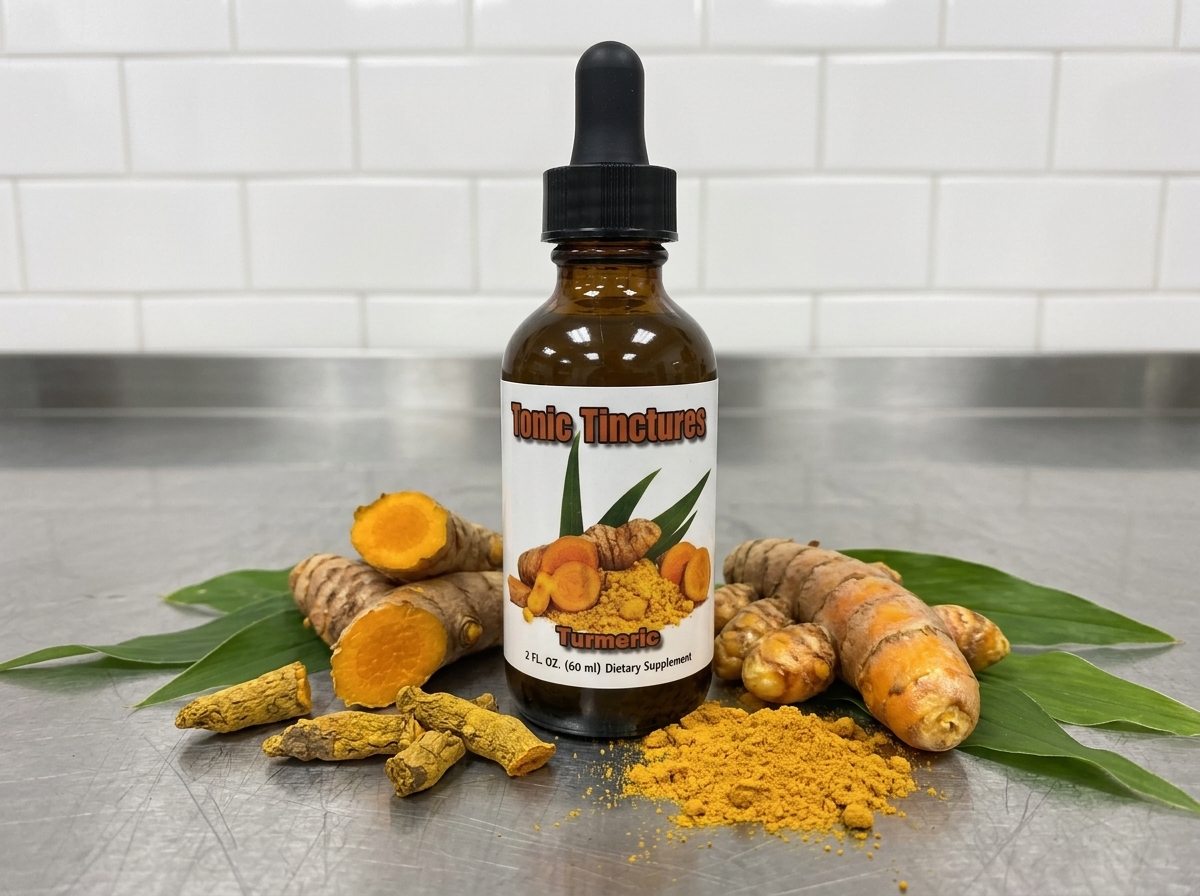 Turmeric formulation with raw ingredients and extract bottle.