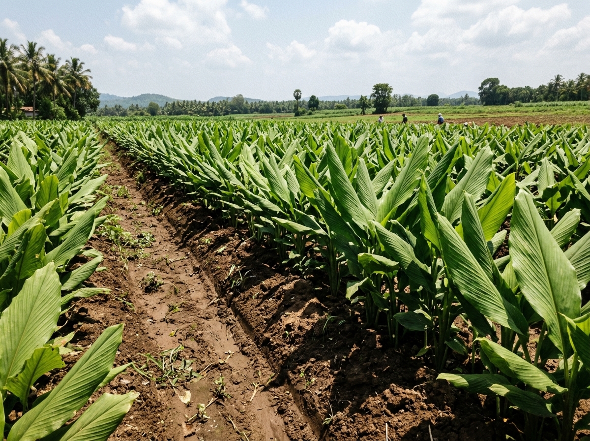 Turmeric growing in natural environment on organic farm.