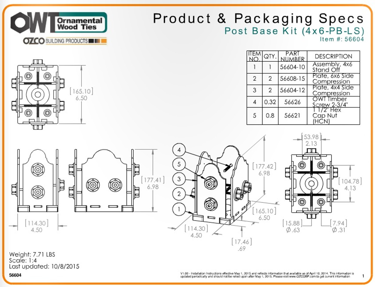 OZCO 4''x6'' Laredo Sunset Post Base Kit Hardware / Ornamental Wood Ties