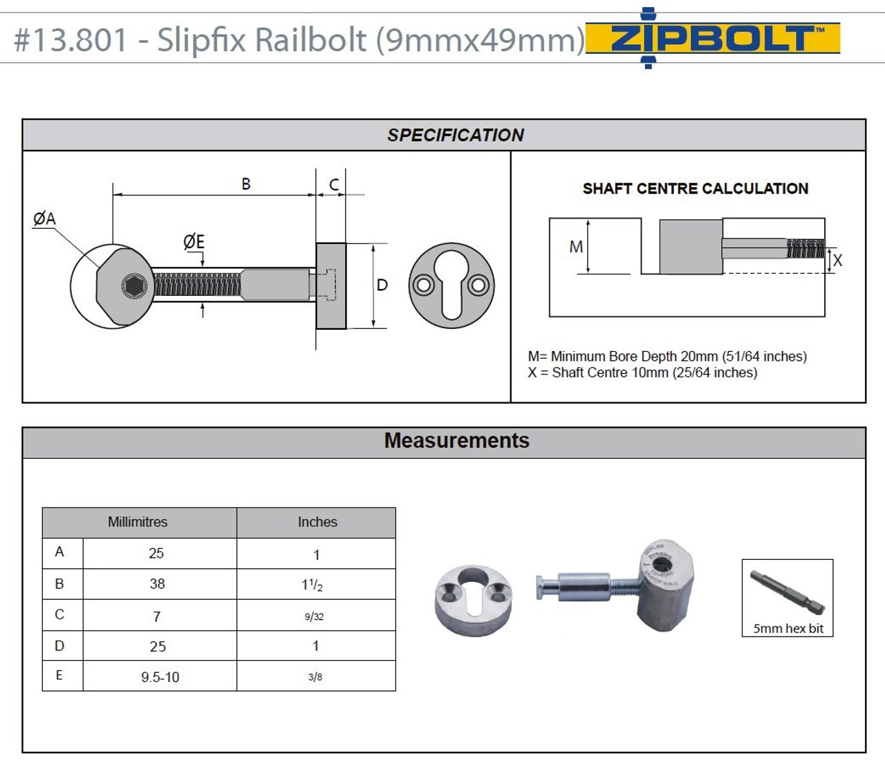Zipbolt 13.810 Slipfix Railbolt, Connects Handrail to Newel Post, 1 Pack