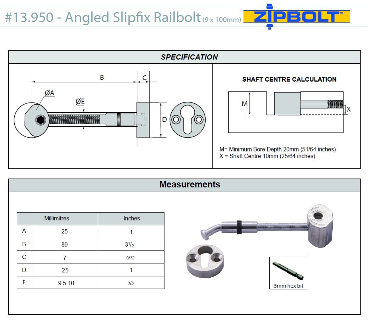 Zipbolt Angled Slipfix Railbolts - Connect Angled Handrail to Newel, 5 Packs
