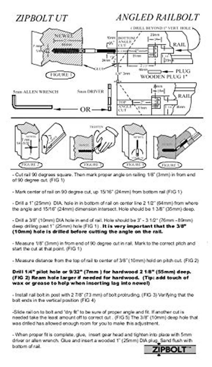 Zipbolt 11.560 Angled Railbolt - Connects Staircase Handrail to Post - 5 Packs