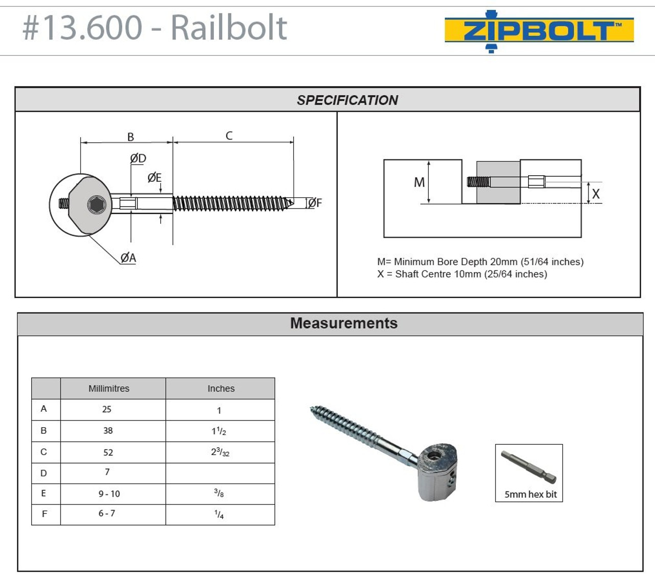 Zipbolt UT Railbolt 13.610 Connect Staircase Handrails to Spindles Newels 5 Pack