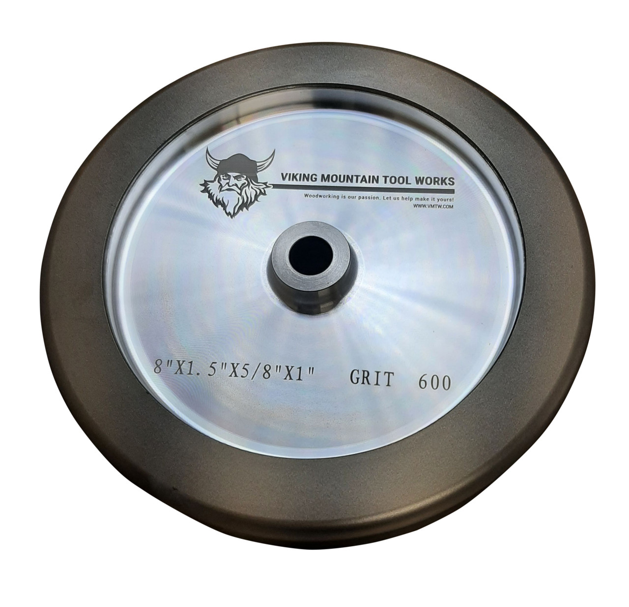 VMTW 8 inch diameter 1.5 in wide Face CBN Grinding Wheel 600 Grit. 1 inch of CBN on the side.  Square corners 5/8 inch arbor hole