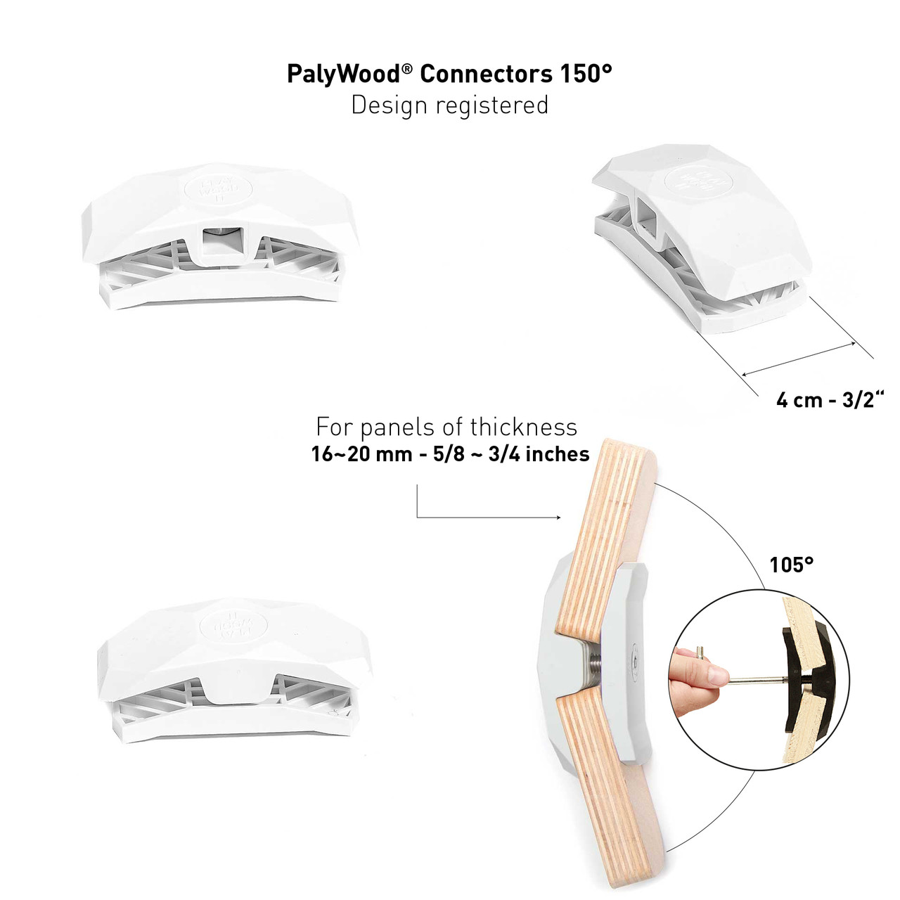 PlayWood Connector for Tool-Free Furniture & Storage Assembly 150-Deg White 6PK
