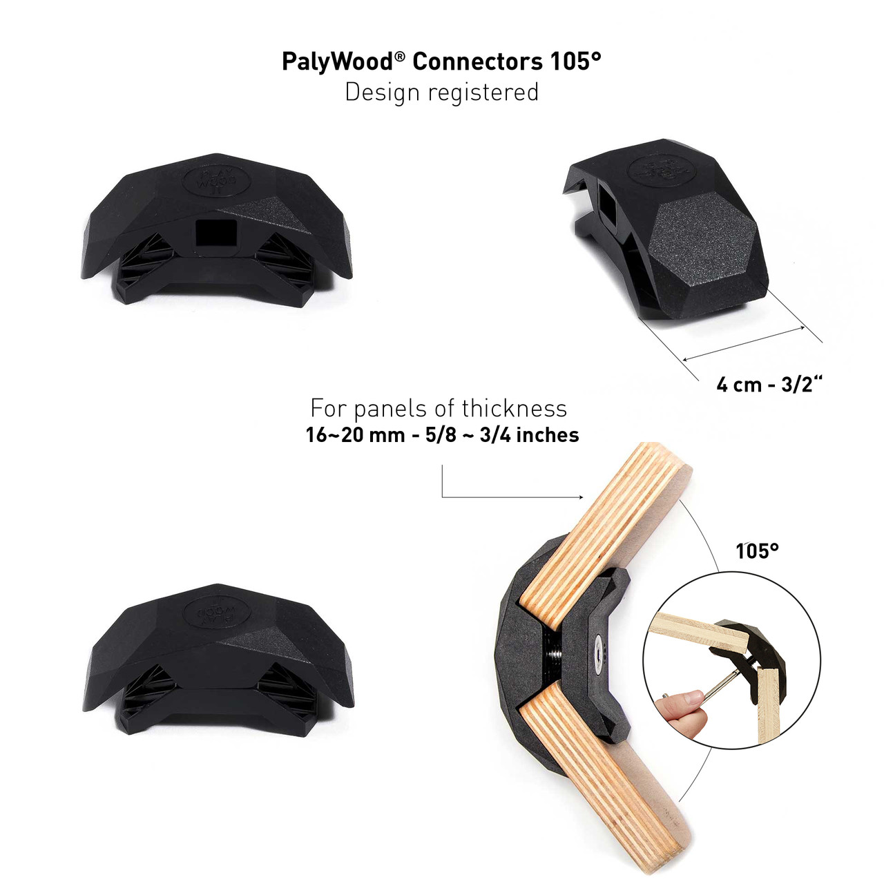 PlayWood Connector for Tool-Free Furniture & Storage Assembly 105-Deg Black 6PK
